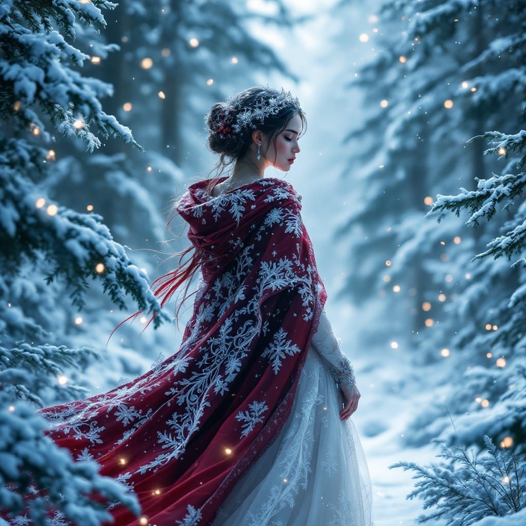 Mystical Christmas Maiden in Snowy Fantasy Landscape