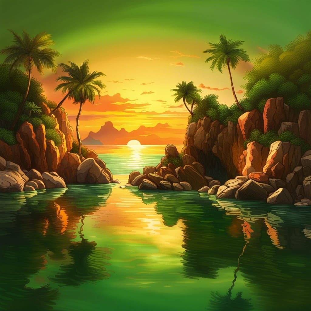 Lush Green Islands at Sunset: Hyperrealistic Splash Art