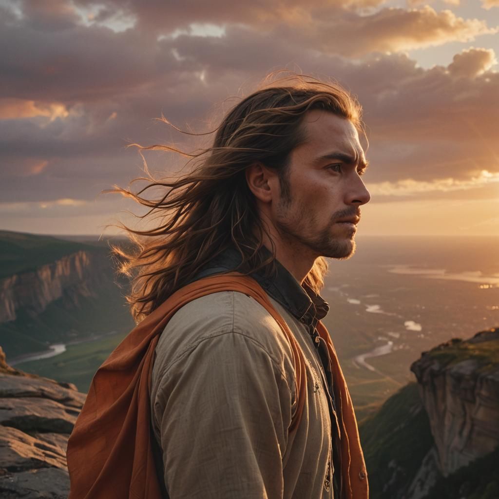 Man on Cliff at Sunset in Oil Painting Style