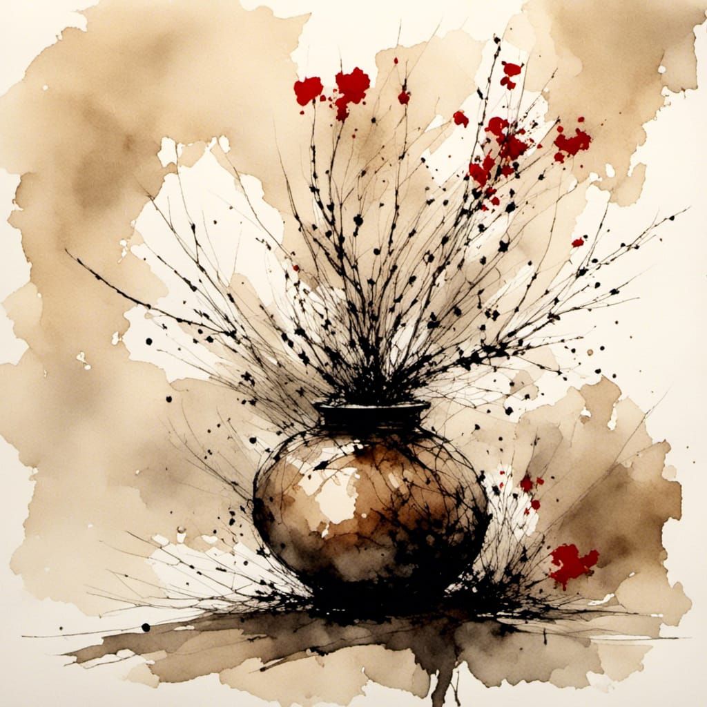 Minimalist Steampunk Ink Painting of Floral Arrangement