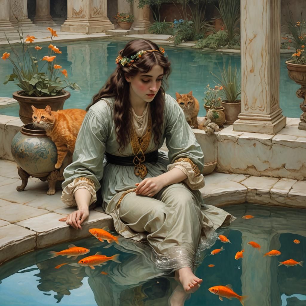 Woman and Cat Watching Goldfish: Alma-Tadema Style