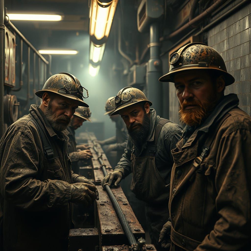 Laborers in a Grimy Industrial Setting, Oil Painting in Hype...