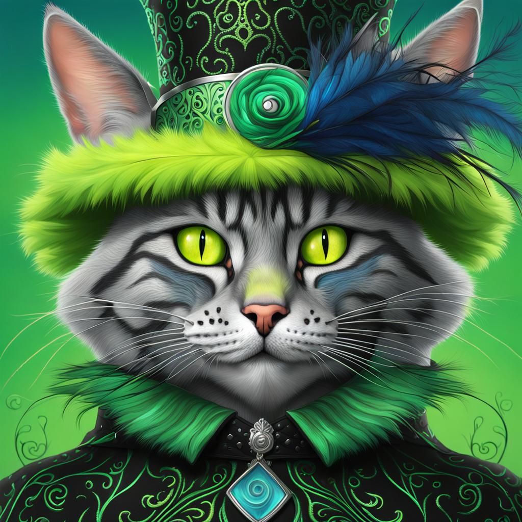 Cat-Human Witch with Green Fur and Cheshire Grin