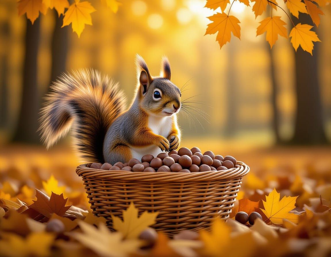 Squirrel with Hazelnuts in Autumn Forest, Hyperrealistic 3D