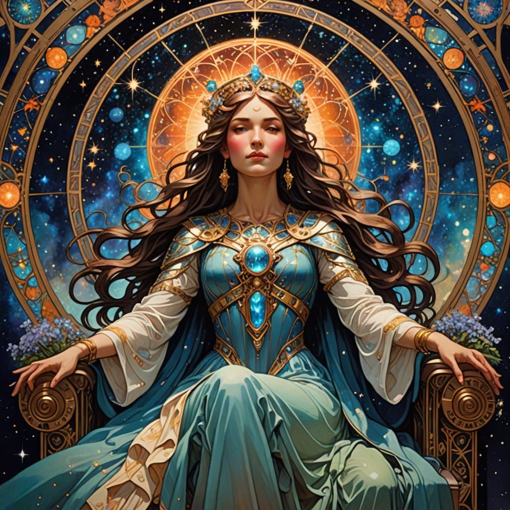 Celestial Empress Rebecca on Stardust Throne, Art Nouveau