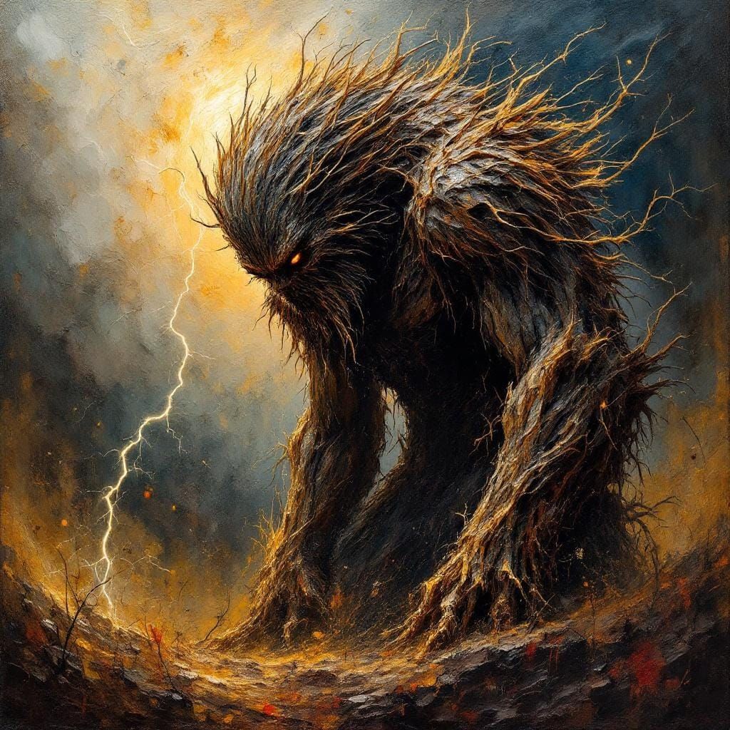 Gnarled Forest Guardian in Storm, Expressionist Painting
