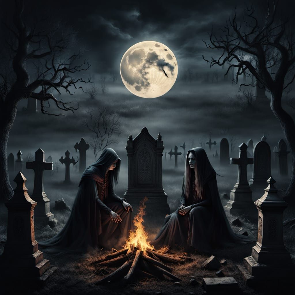 Ethereal Moonlit Cemetery Scene in Moody Oil Painting Style
