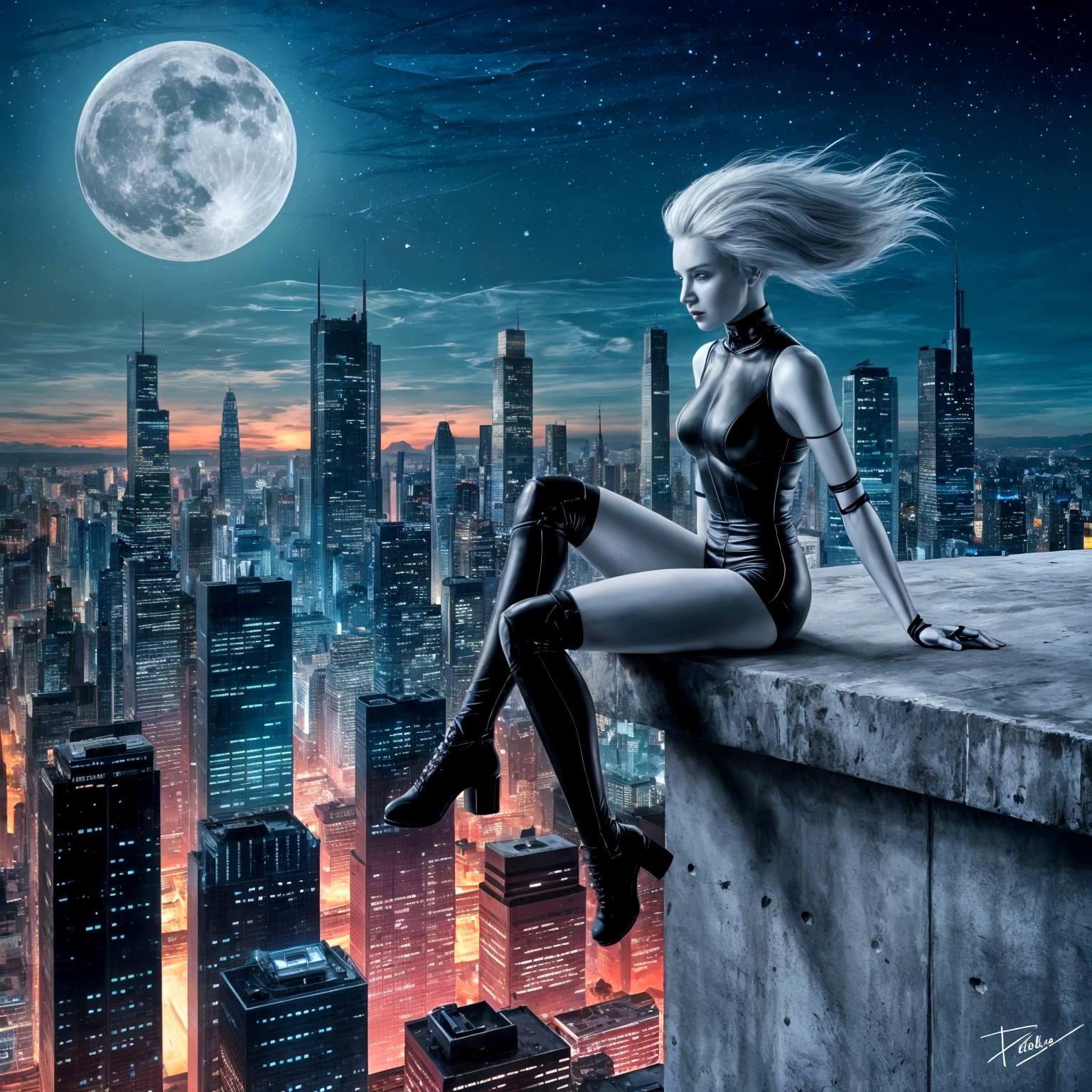 Cyborg Goddess in Cyberpunk Cityscape