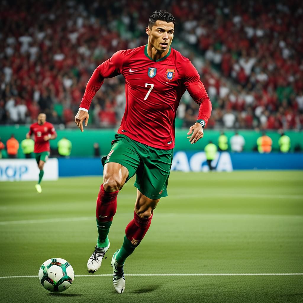 Ronaldo Kicking Football in Portugal Kit, Hyperrealistic