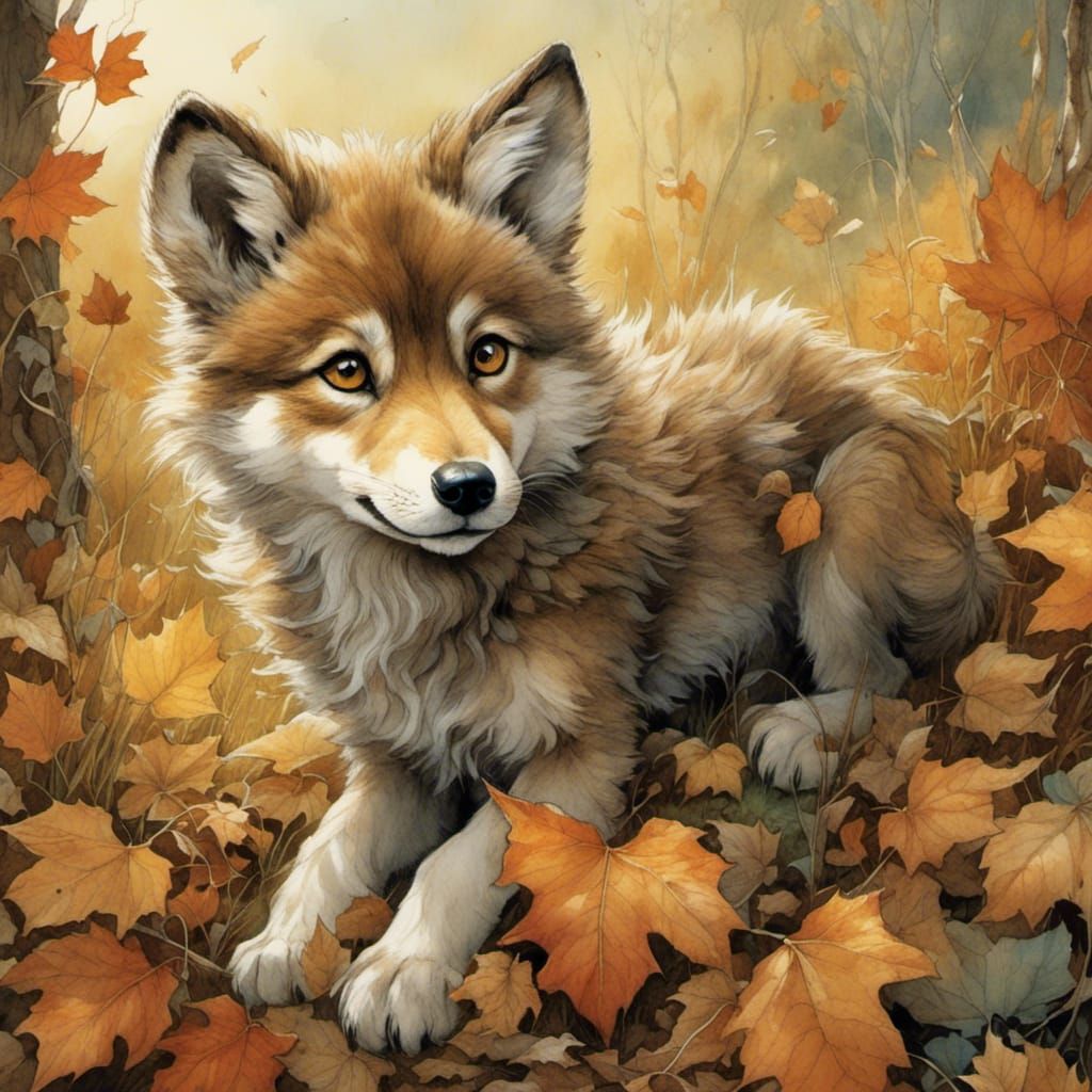 Cute Wolf Cub in Mystical Autumn Meadow