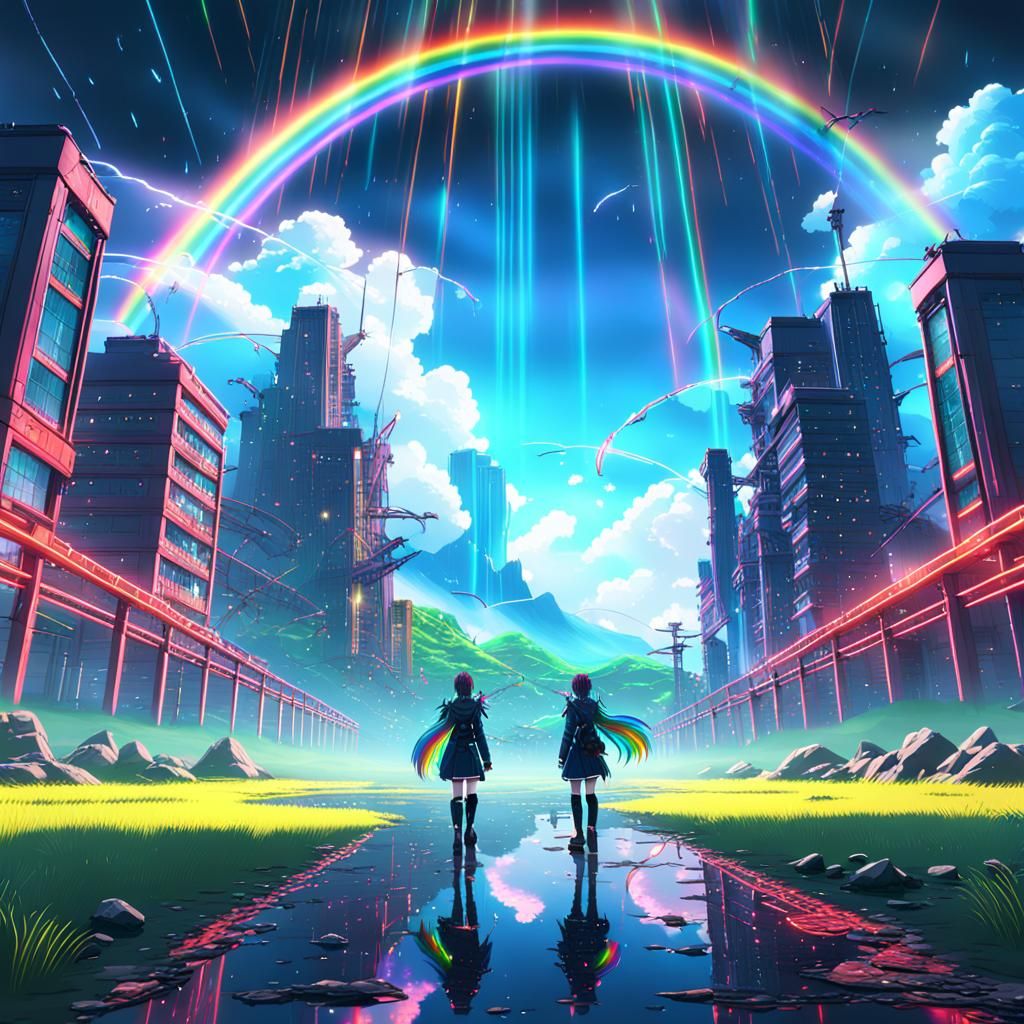 Neon Anime Double Rainbow in Detailed Matte Painting