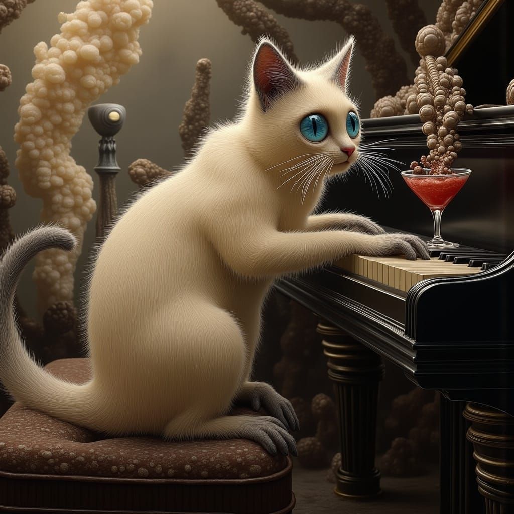 Siamese Cat Plays Piano in Surrealist Style