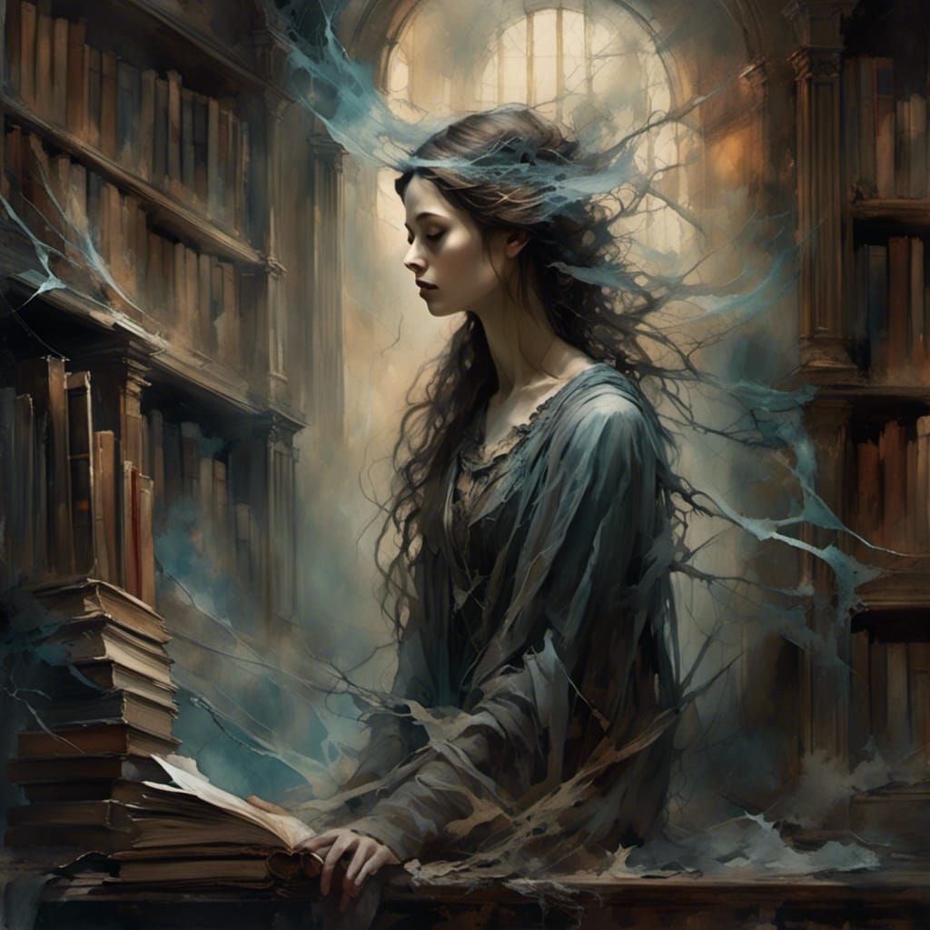 Ethereal Woman in Gothic Library, Oil Painting