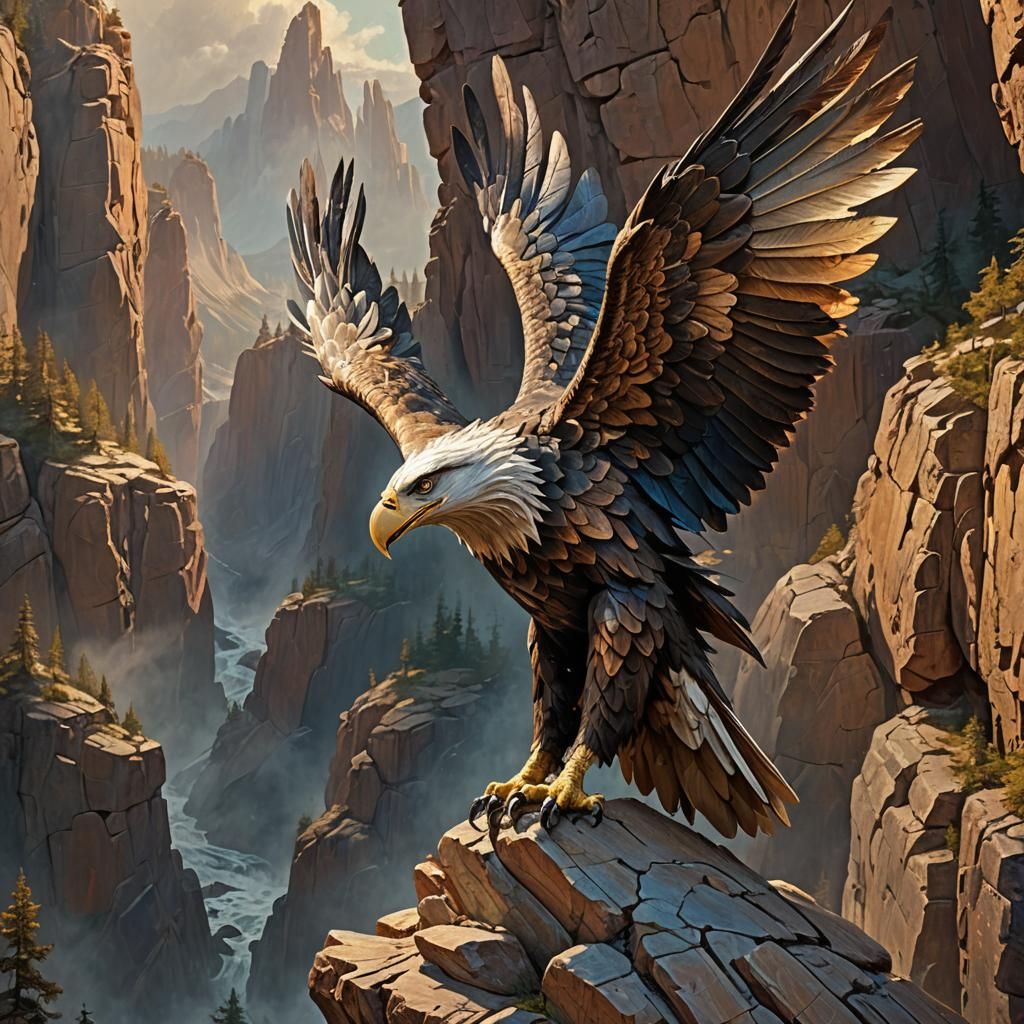 Majestic Wooden Eagle Totem on Cliff Edge