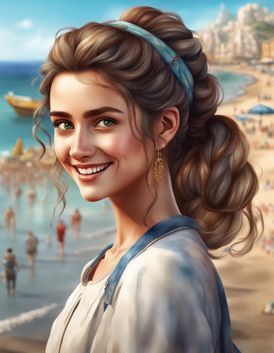 Italian Girl Portrait with Beach in Watercolor Style