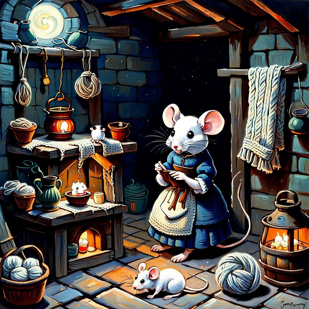 Mouse Knitting in Cottage, Oil Painting