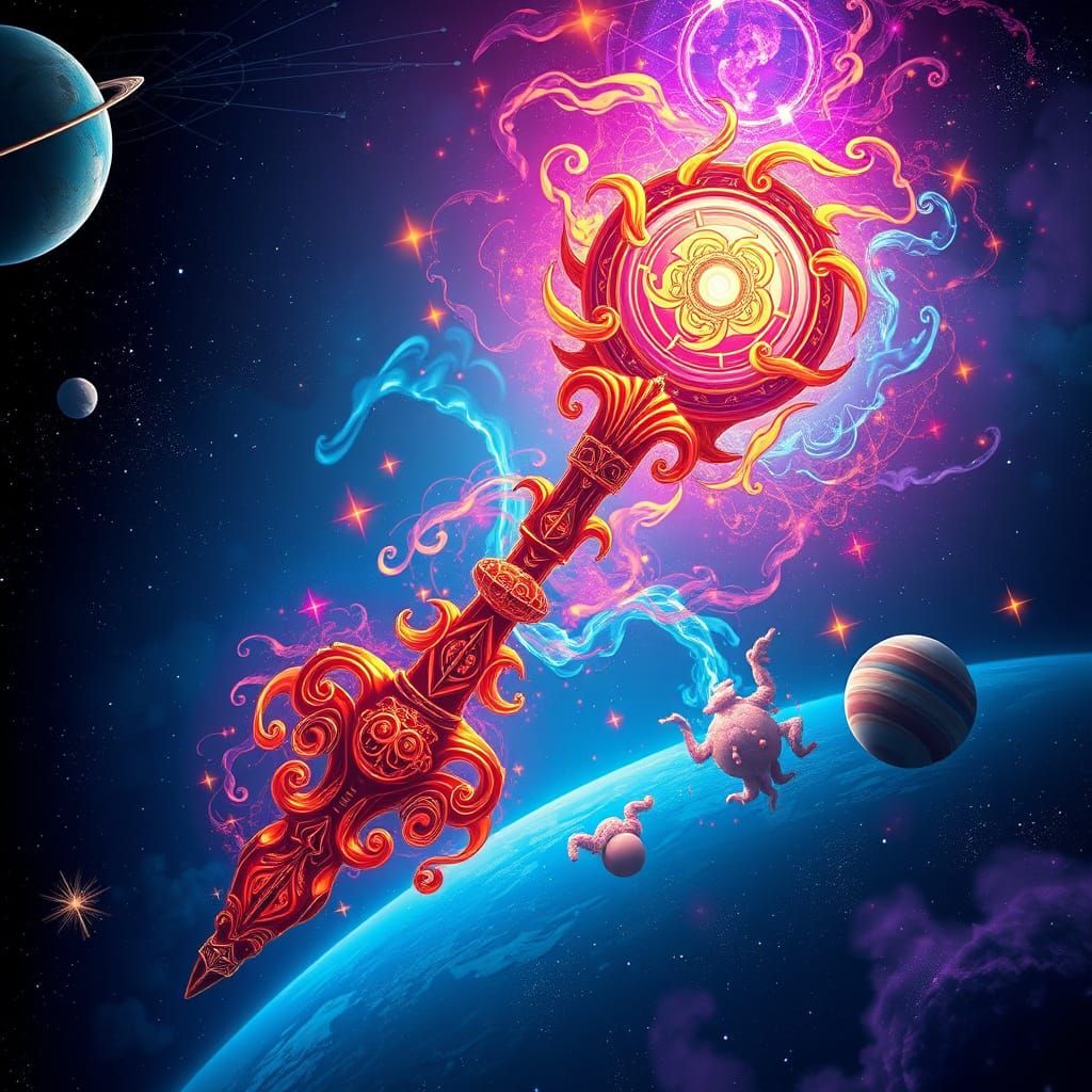 Psychedelic Magical Staff Floating in Space in 8k
