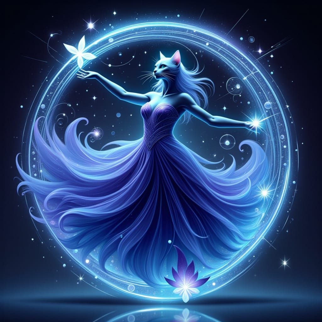 Sculpted Cat in Chiffon Dress with Blue Light