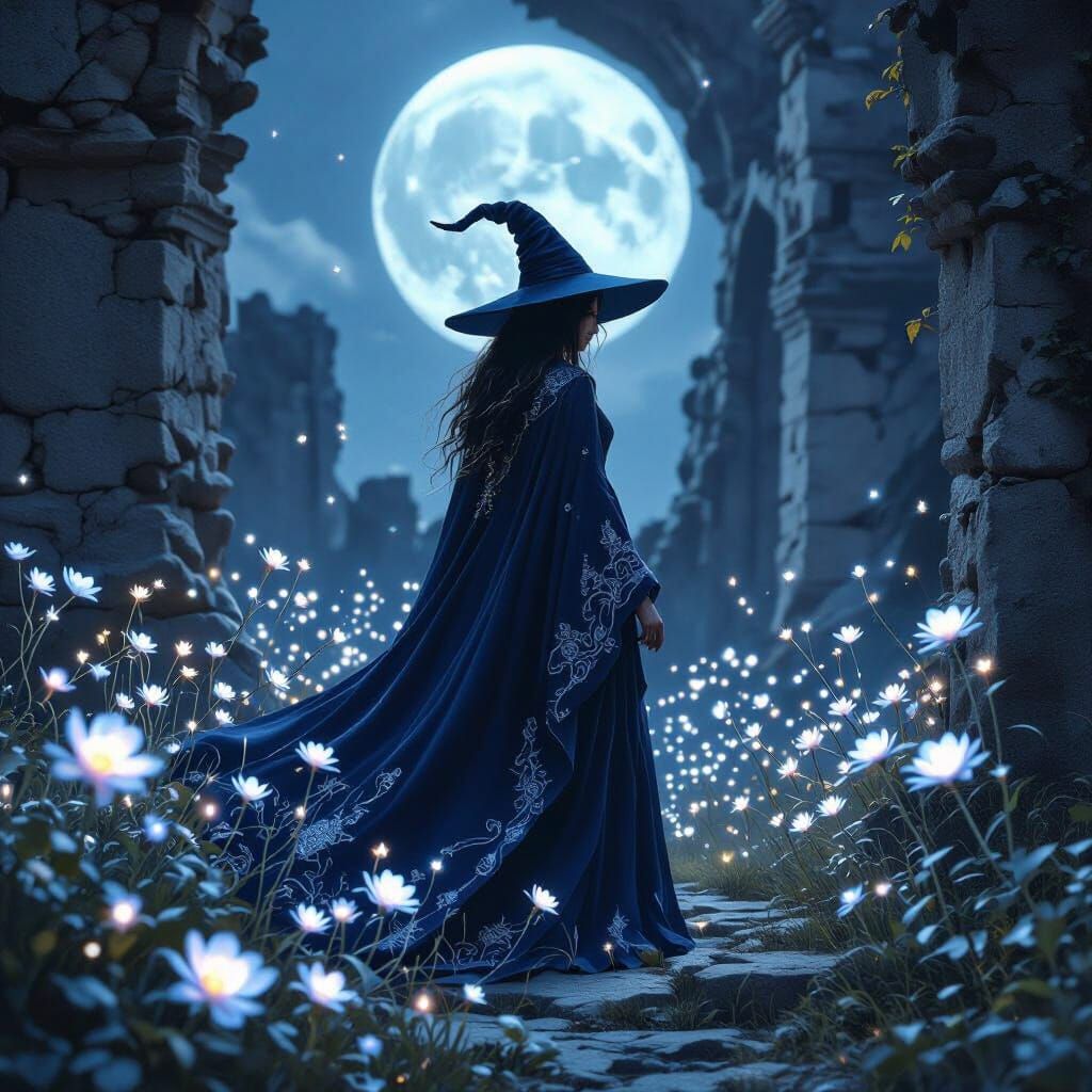 Solitary Witch in Moonlit Ruins: Digital Painting