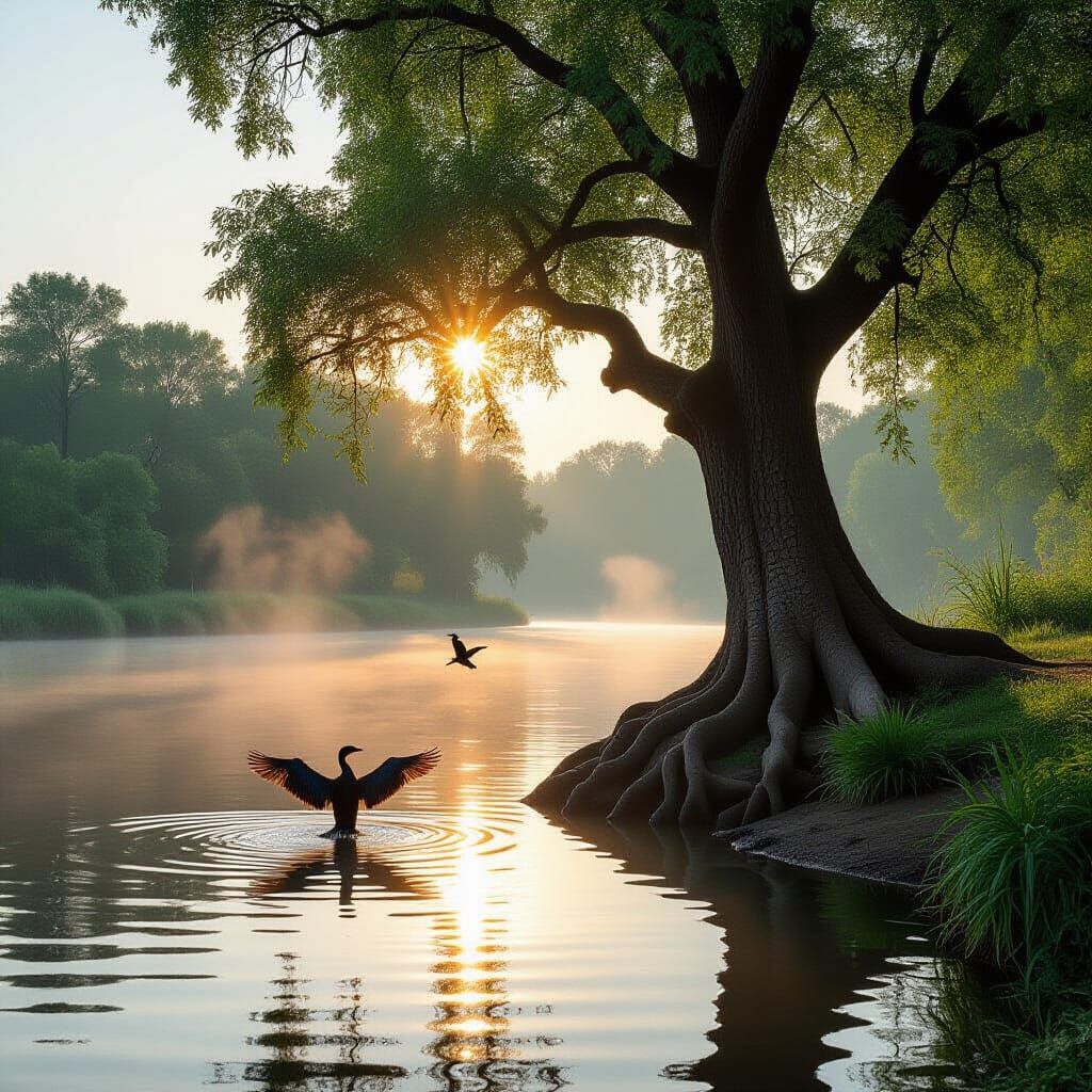 Riverbank Sunrise with Cormorant in Misty Landscape