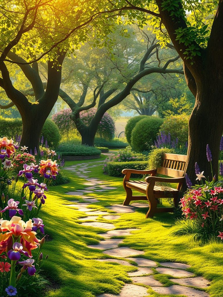 Idyllic Garden Path Unfolds in Vibrant Colors