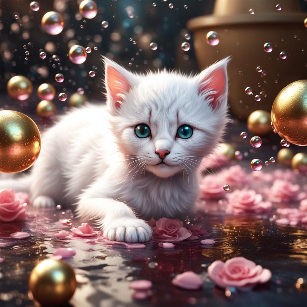 Kitten's Golden Bubble Bath: Detailed Fantasy Art
