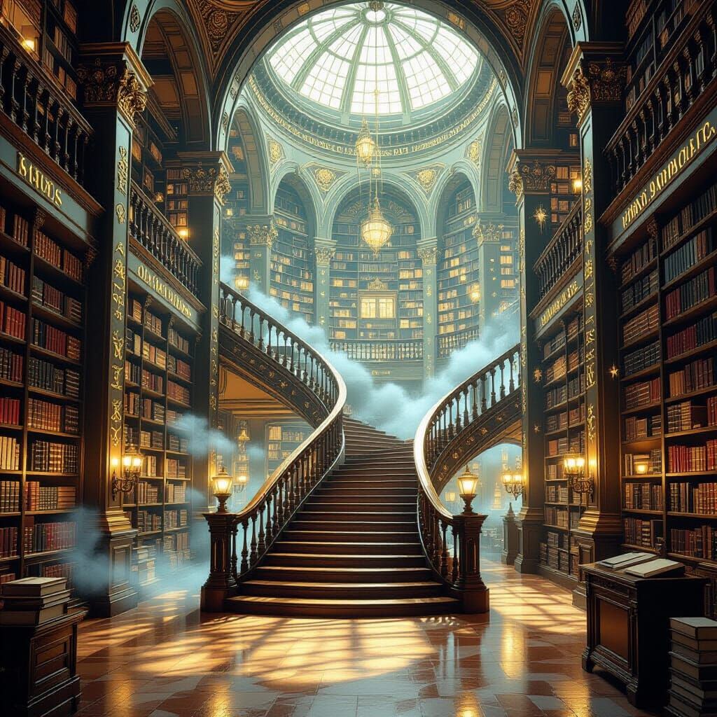 Luminous Library with Infinite Staircases in Ethereal Style