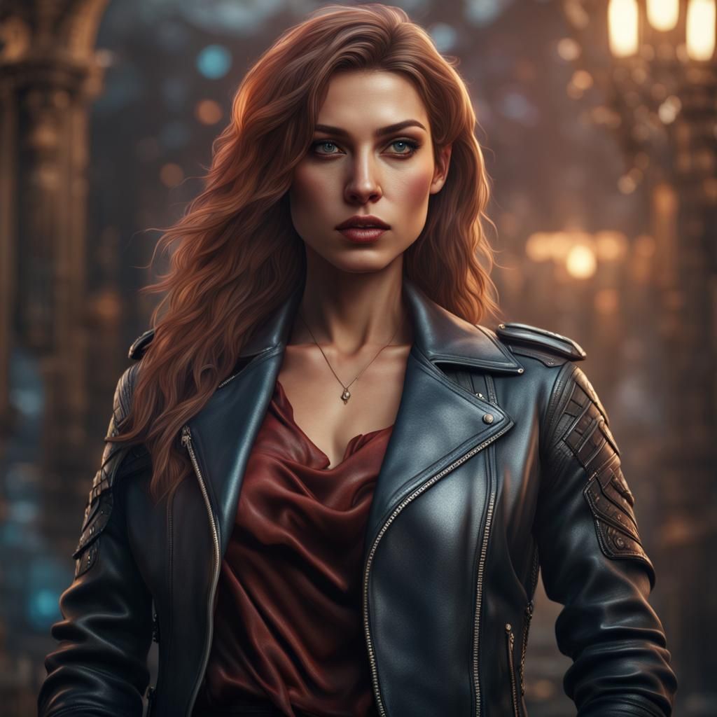 Woman in Leather Jacket: Detailed Fantasy Art