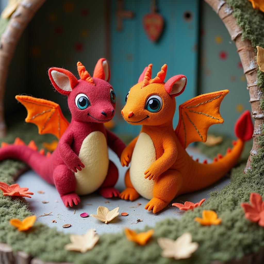 Pocket Dragons in Whimsical Folk-Art Scene