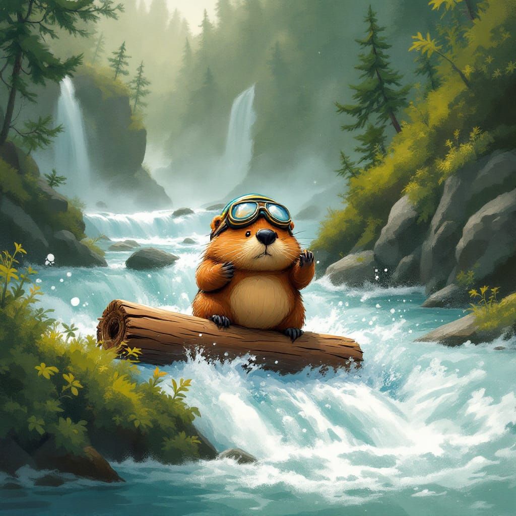 Whimsical Beaver Navigates Whitewater Rapids