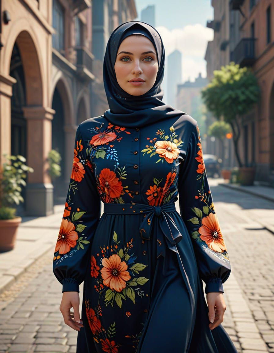 A Young Woman Embracing the Sunshine in a Vibrant Urban Fant...