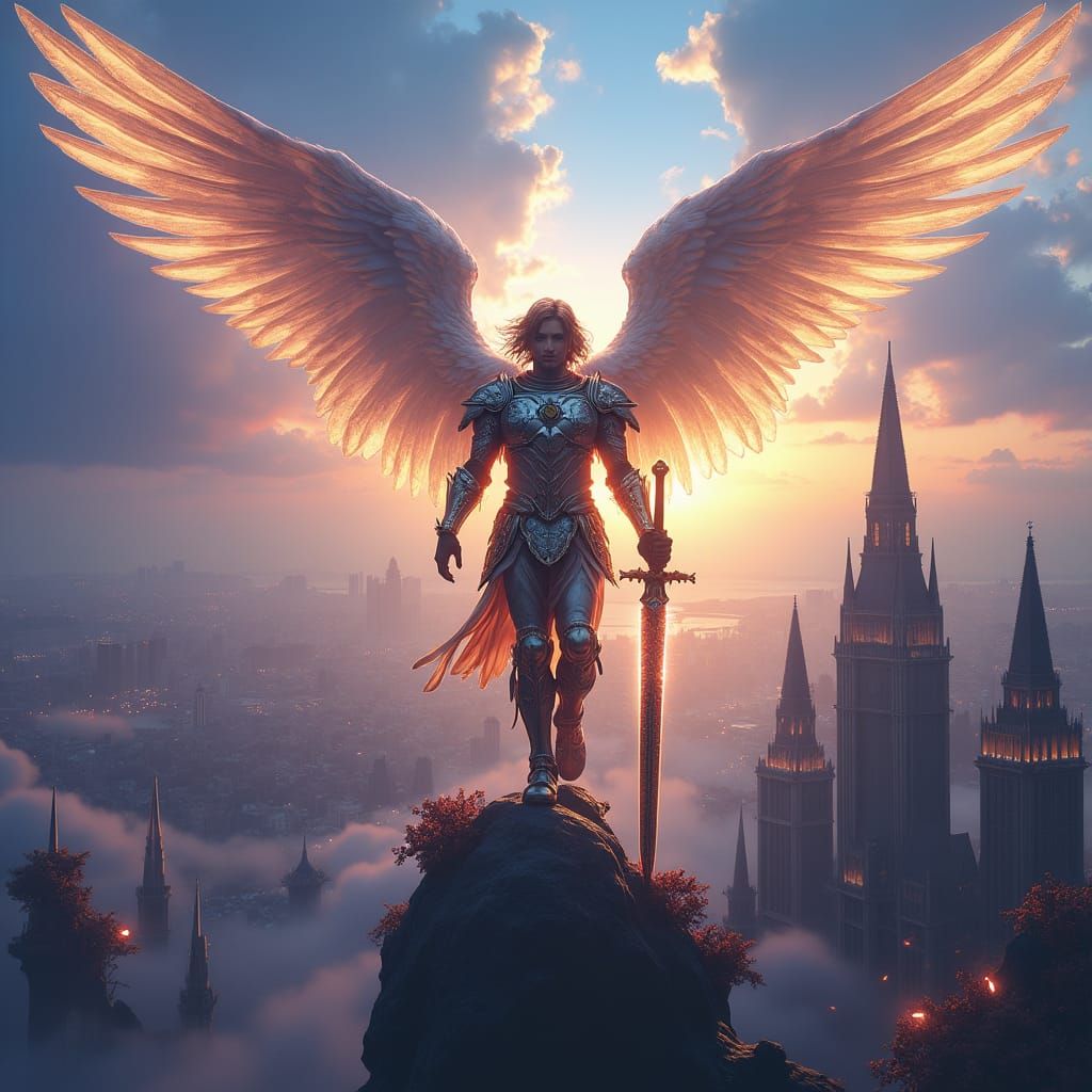 Archangel Michael in Mystical Cityscape, Concept Art