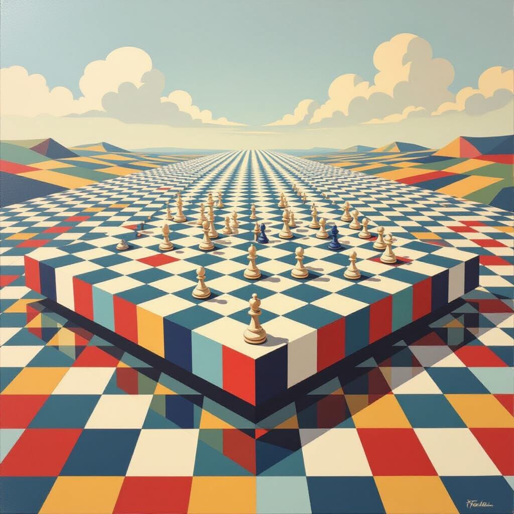 Floating Chessboard Island: Geometric Art Landscape