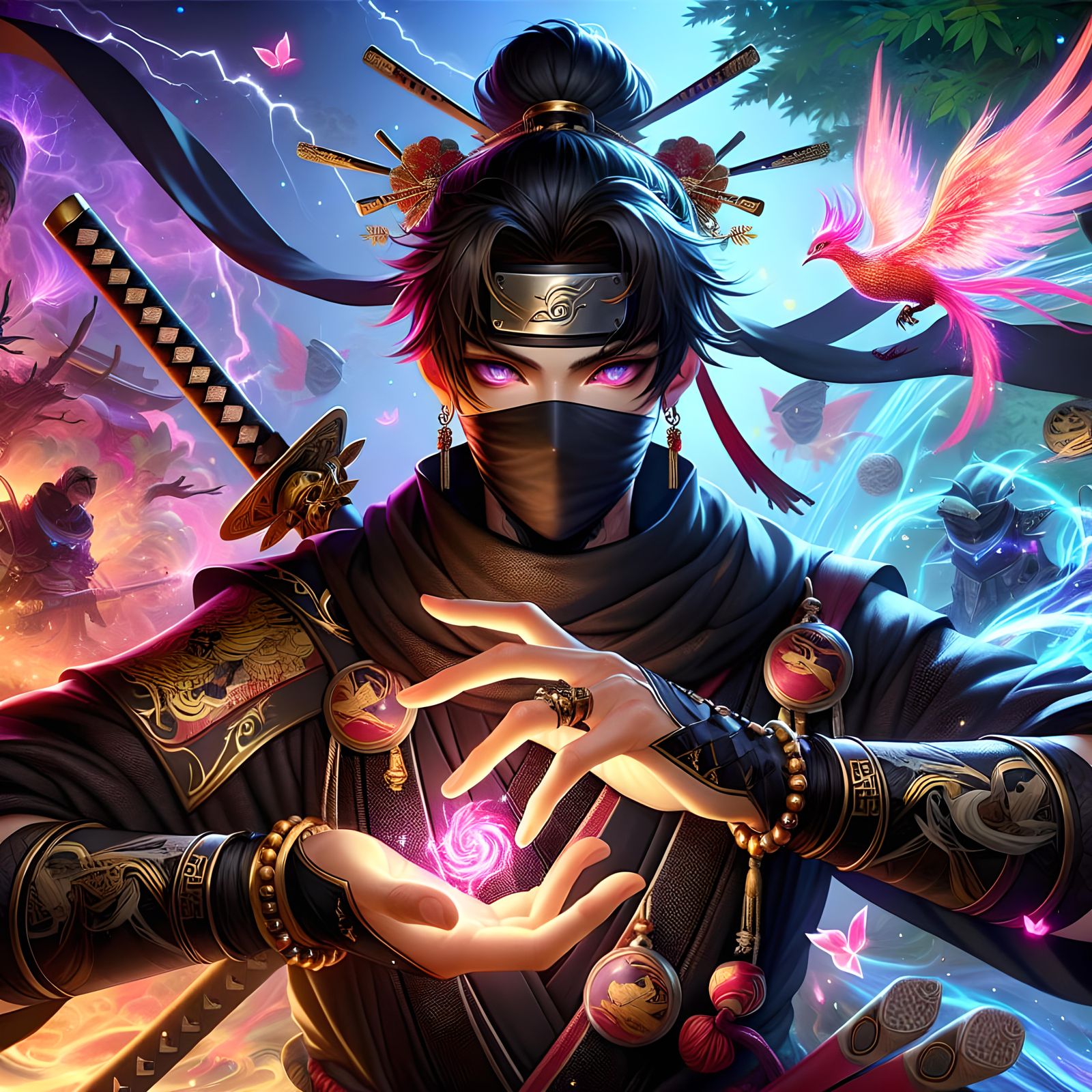 A mischievous ninja in midnight black traditional Chinese at...