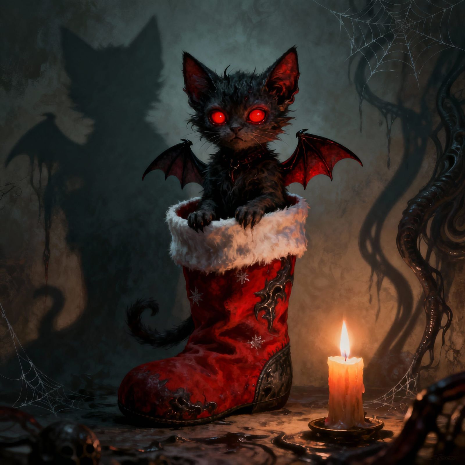 Demonic Kitten in Christmas Stocking with Bat Wings