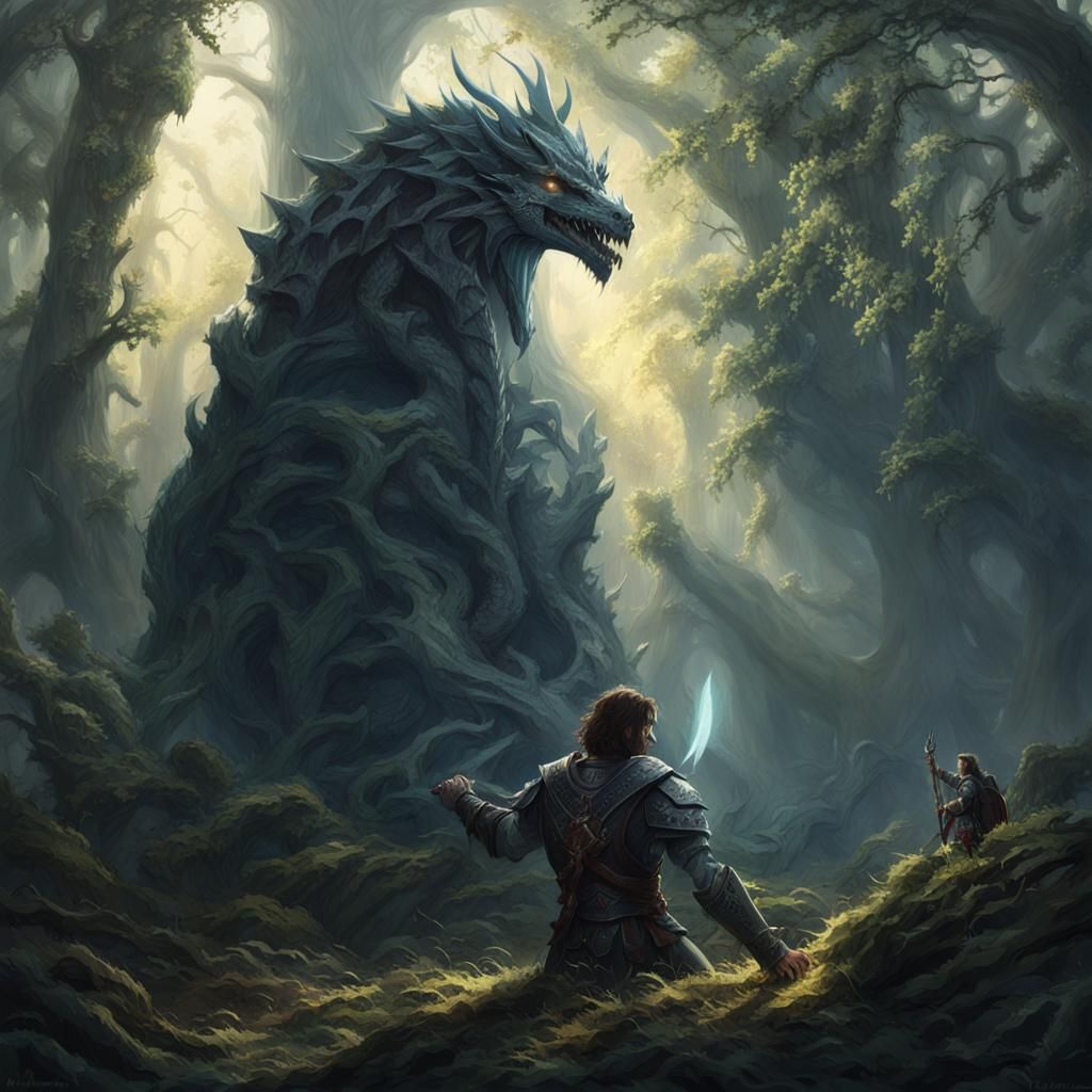 Warrior's Victory Over Dragon in Mystical Forest