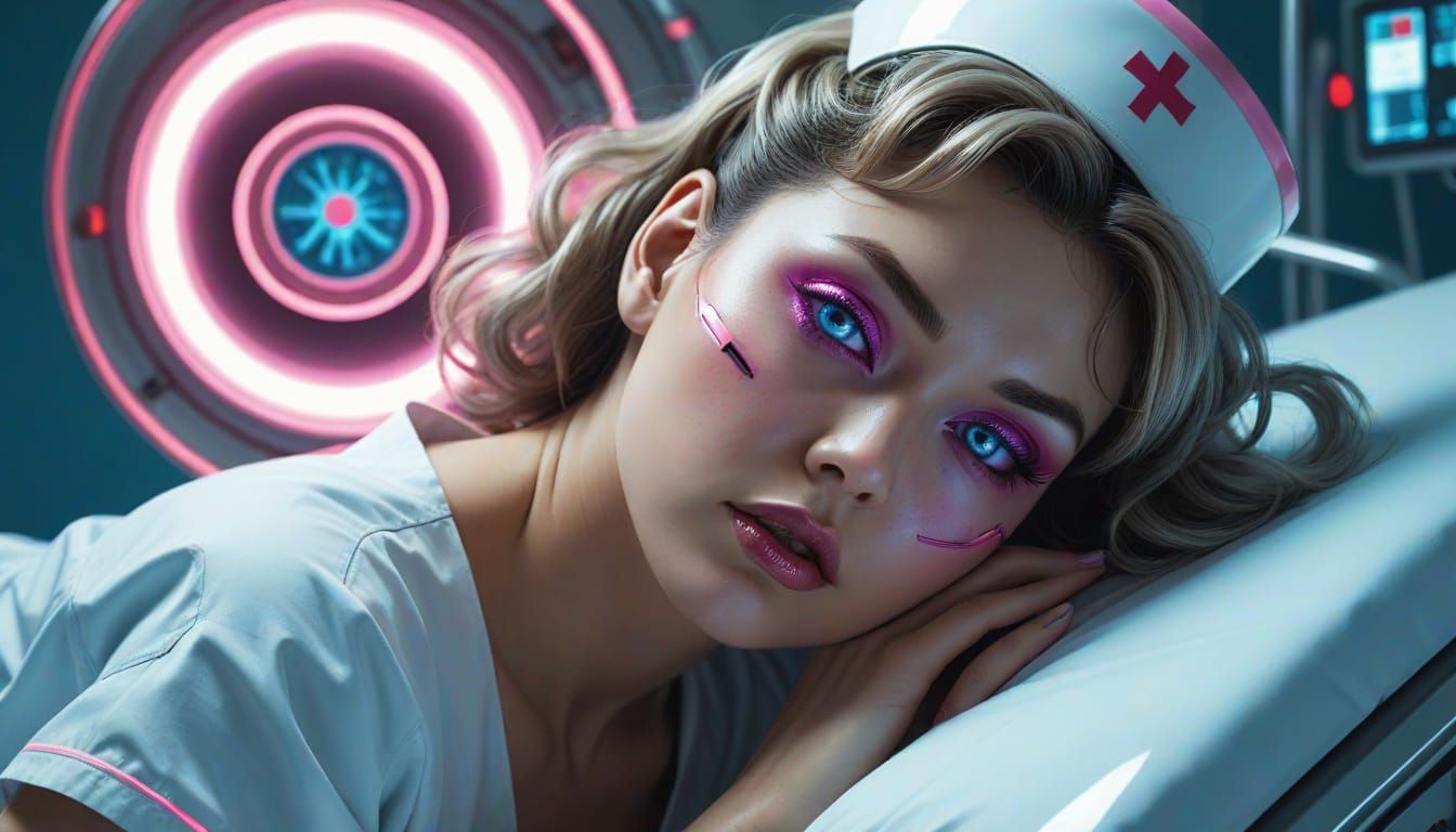 Cyberpunk Nurse Portrait with Metallic Sheen and Neon Accent...