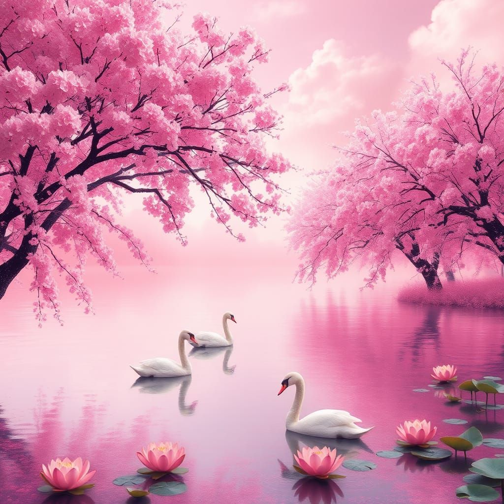 Pink Landscape with Cherry Blossoms in Impressionist Style