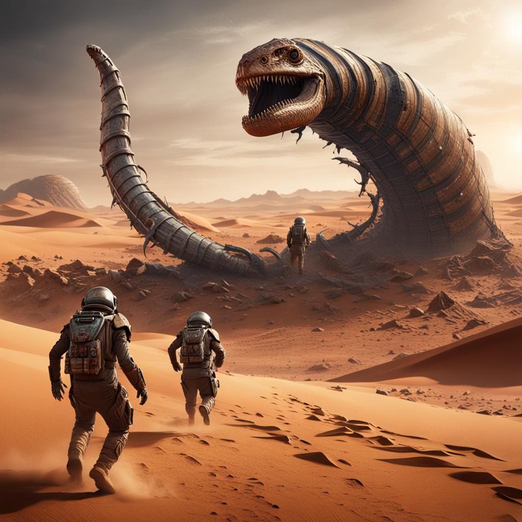 Martian Sandworm Attack in a Fantastical Desert Landscape