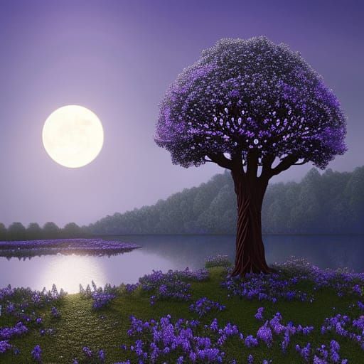 Beaded Embroidered Fantasy Tree Under Moonlight