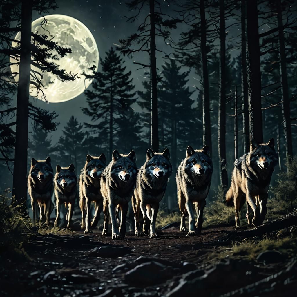 Majestic Wolf Pack Under Moonlight: Cinematic Film Still