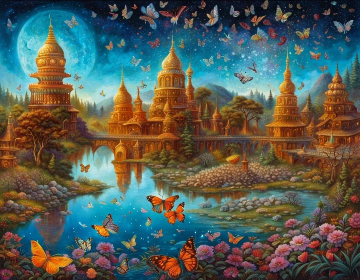 Enchanted Indian Goddess in Pointillism Forest