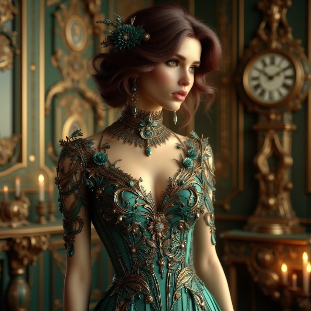 Elegant Woman in Teal Gown with Art Nouveau Flair