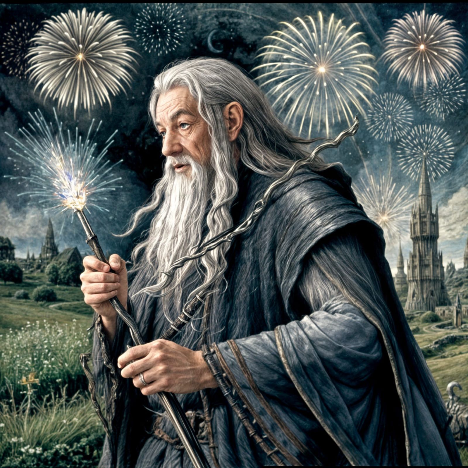 Fireworks Over Shire Landscape in Bellini Style