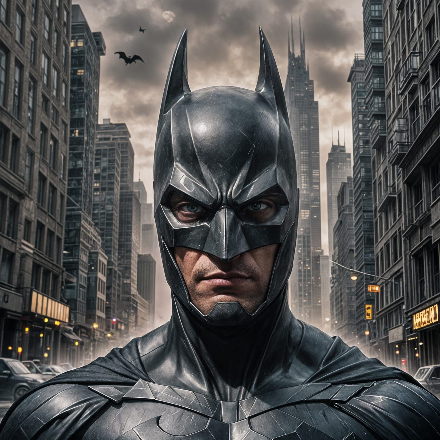 Heroic Figure with Batman Mask in Urban Landscape