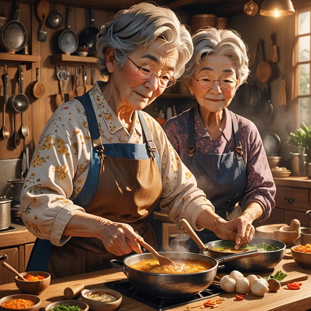 Grannies Cooking Soup: Hyperrealistic 3D Anime Art