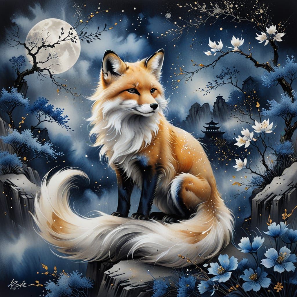 Fluffy Fox in Chinese Landscape Painting