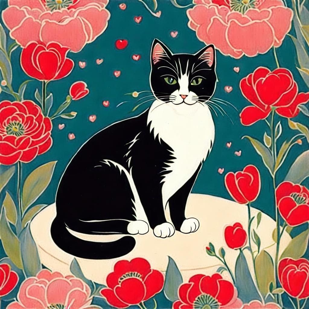 Cat on Pillow with Flowers, Fashion Design Style