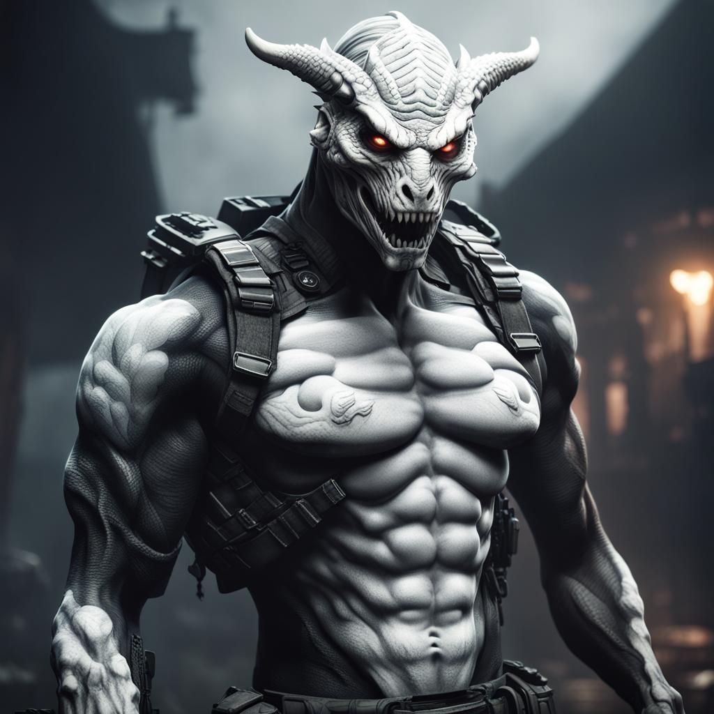 Dragon-Human Hybrid with Ghost Face Paint, Hyperdetailed Art