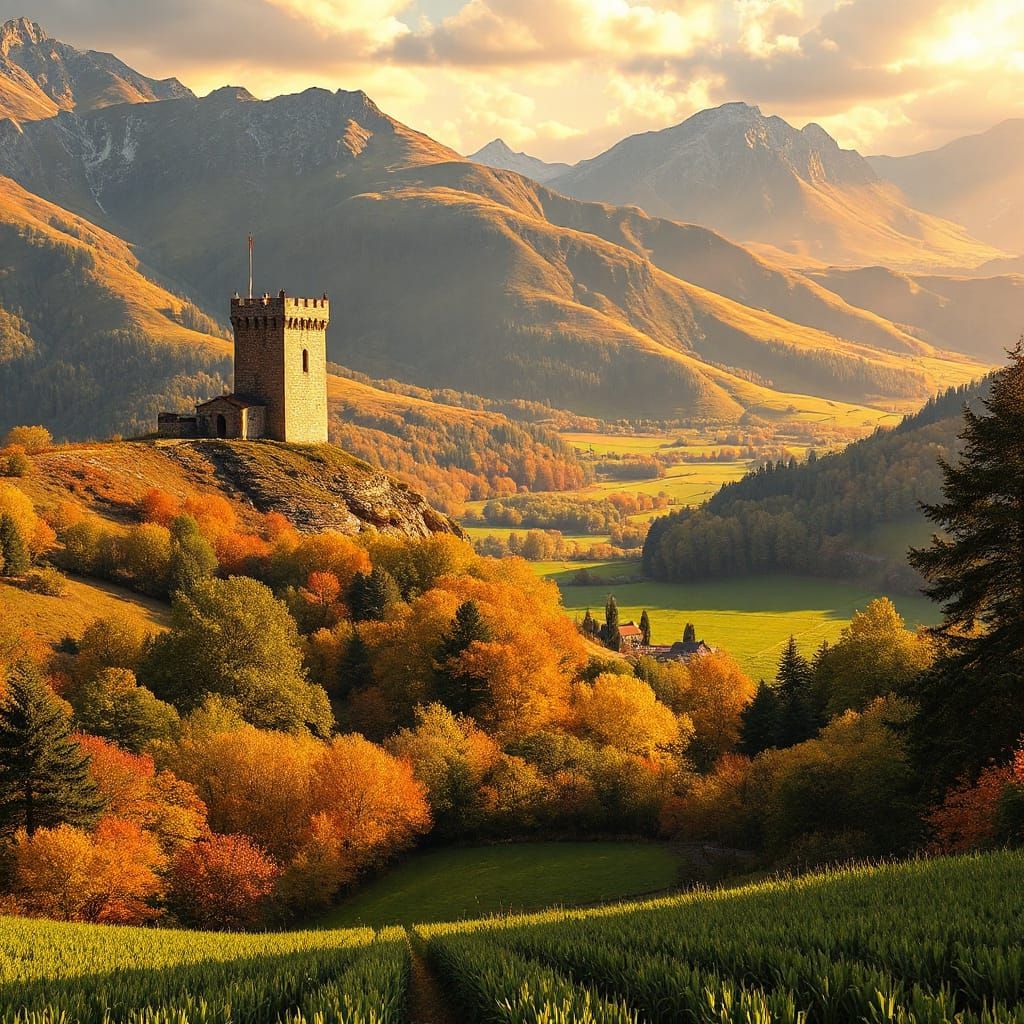 Majestic Medieval Landscape with Watchtower and Golden Fores...